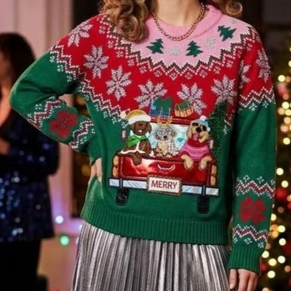 Ugly Christmas Sweater Dogs/Truck M 8-10 Metallic Festive Fair Isle unique